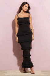 Black Broderie Strappy Ruffled Maxi Dress